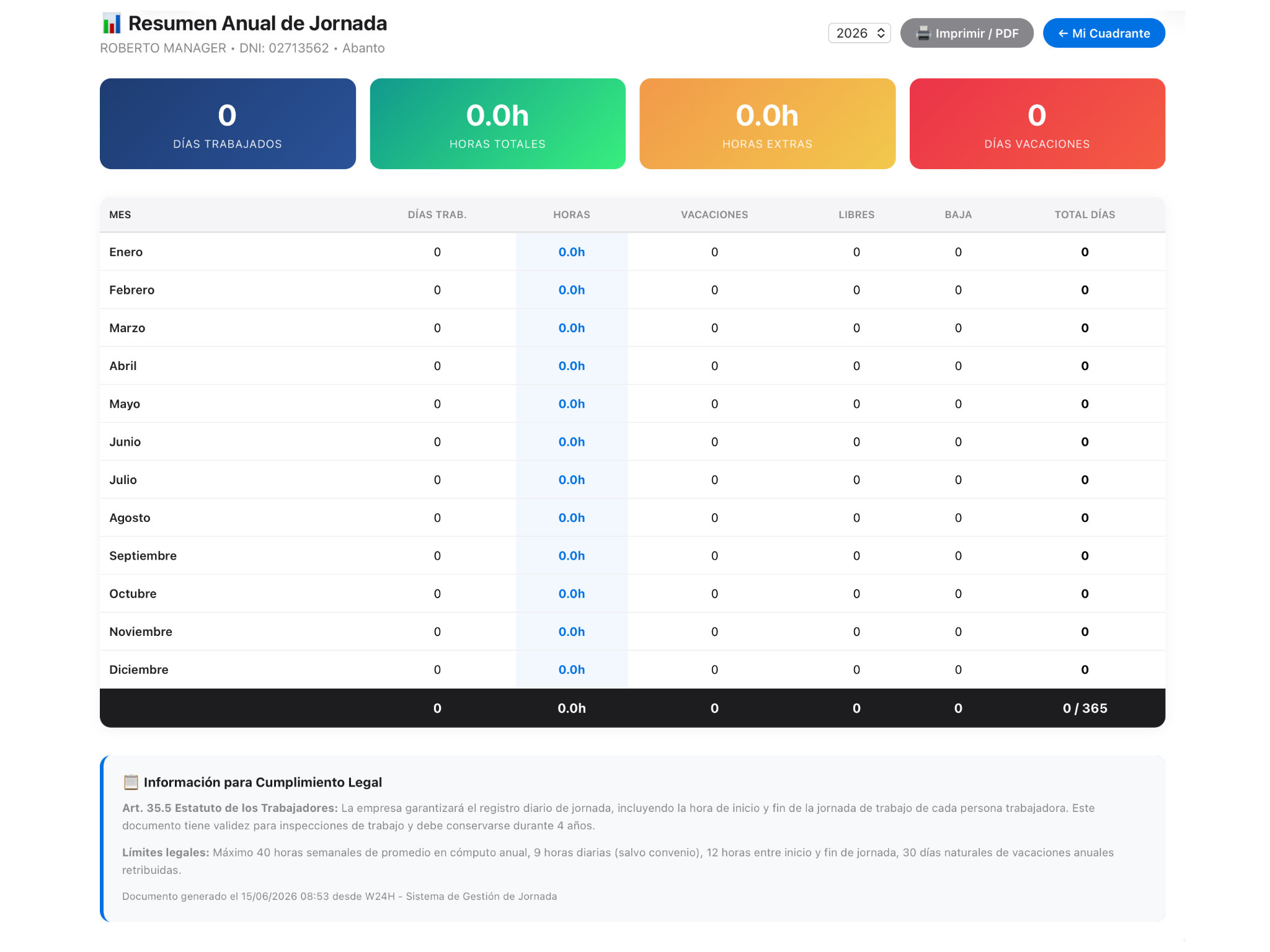 Interfaz de W24H Control mostrando registro inmutable y firmado